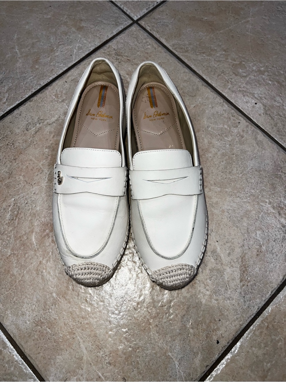 Sam Edelman Cream Leather Penny Loafers with Woven Toe